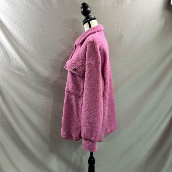 Flap Pocket Drop Shoulder Teddy Coat Jacket Pink - Picture 8 of 9